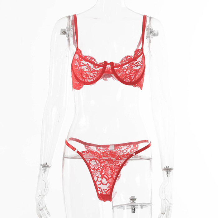 Girls Translucent Lace Push Bra Lingerie Set Embroidered Thong