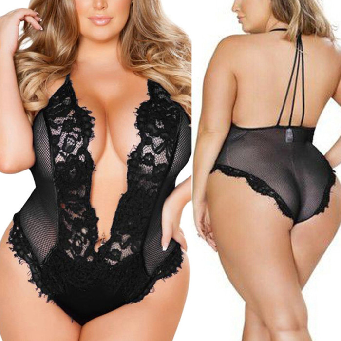 Wholesale Women Deep V Lingerie Teddies Eyelash Lace Trim Mesh