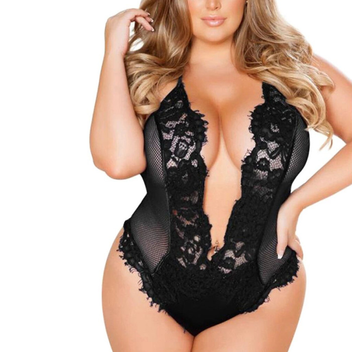 Wholesale Women Deep V Lingerie Teddies Eyelash Lace Trim Mesh