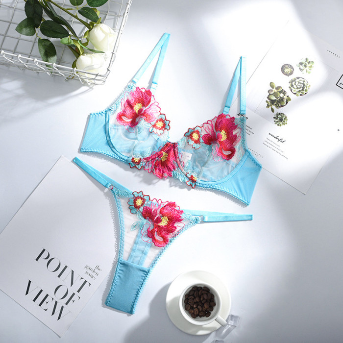 High Quality Lace Transparent Bra Panties Teen Girl Embroidery Petals