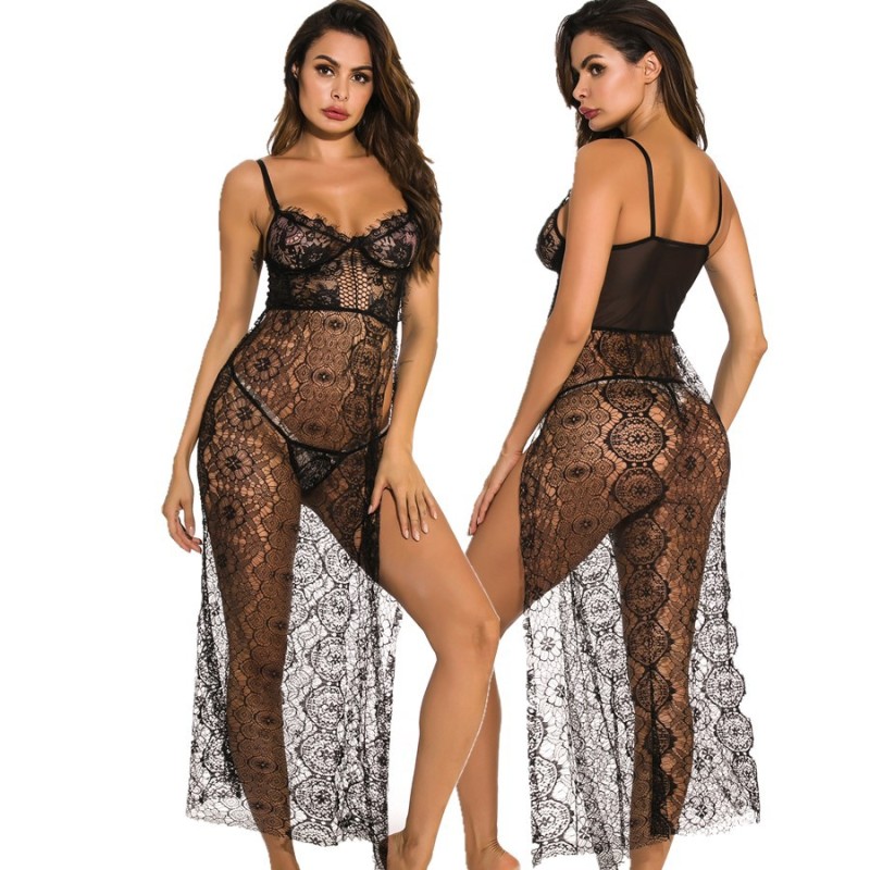 Comfortable Transparent Lingerie Dress Slit High Leg and Lace Thongs