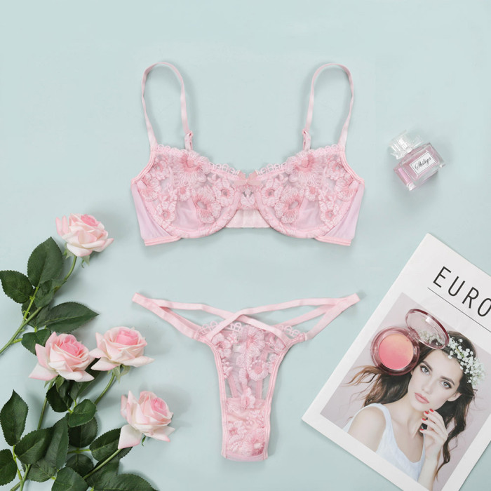 Pink Lace See Through Bra and Thong Set Underwear Manufacturers