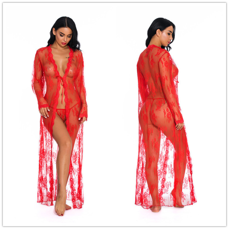 Wholesale Sexy Long Lingerie Dress Set Sheer Lace Mesh for Women