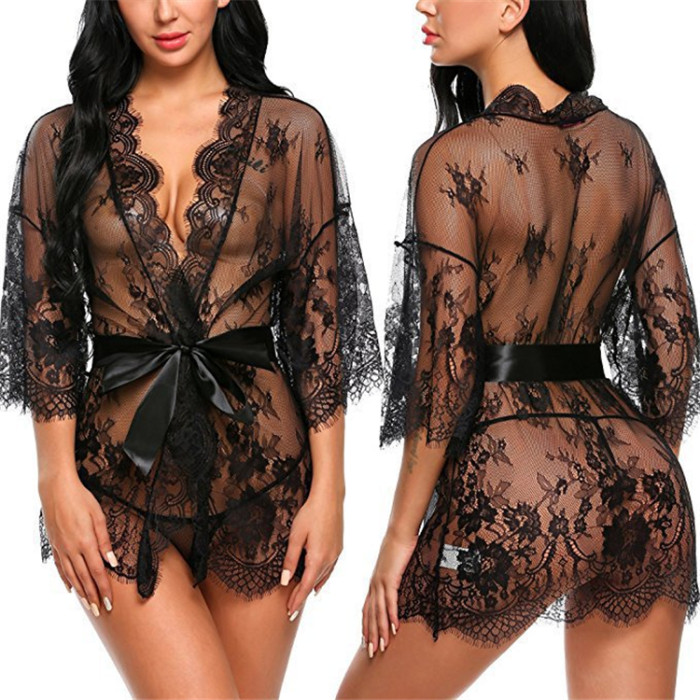 Wholesale Multi-Colored Eyelash Lace Lingerie Babydoll Set Satin Ties