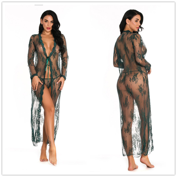 Wholesale Sexy Long Lingerie Dress Set Sheer Lace Mesh for Women