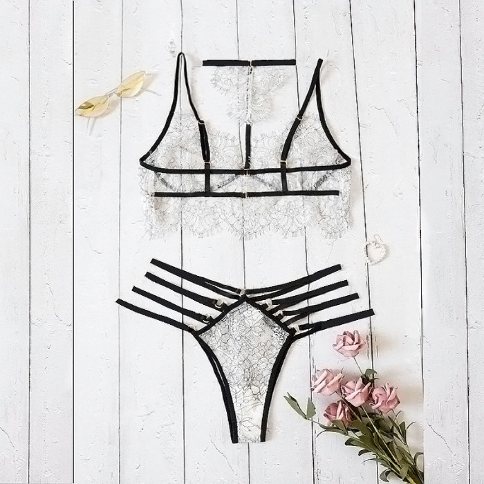 Wholesale Women Eyelash Lace Bra Halter Strappy Triangle Panties Set