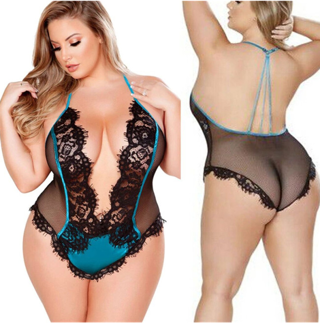 Wholesale Women Deep V Lingerie Teddies Eyelash Lace Trim Mesh