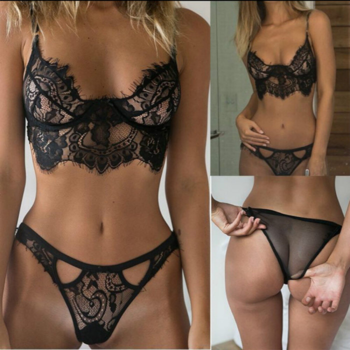 Best Eyelash Lace Bra Thong Lingerie Set Cut Out for Women