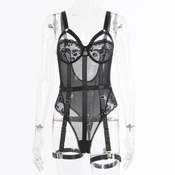 Ladies Lace Mesh See Through Teddies Lingerie wtih Suspender Belt