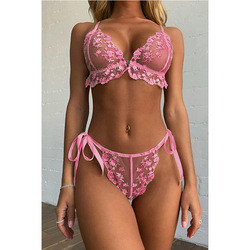Wholesale Pink Flower Embroidery Mesh Bralette and Satin Panties Set