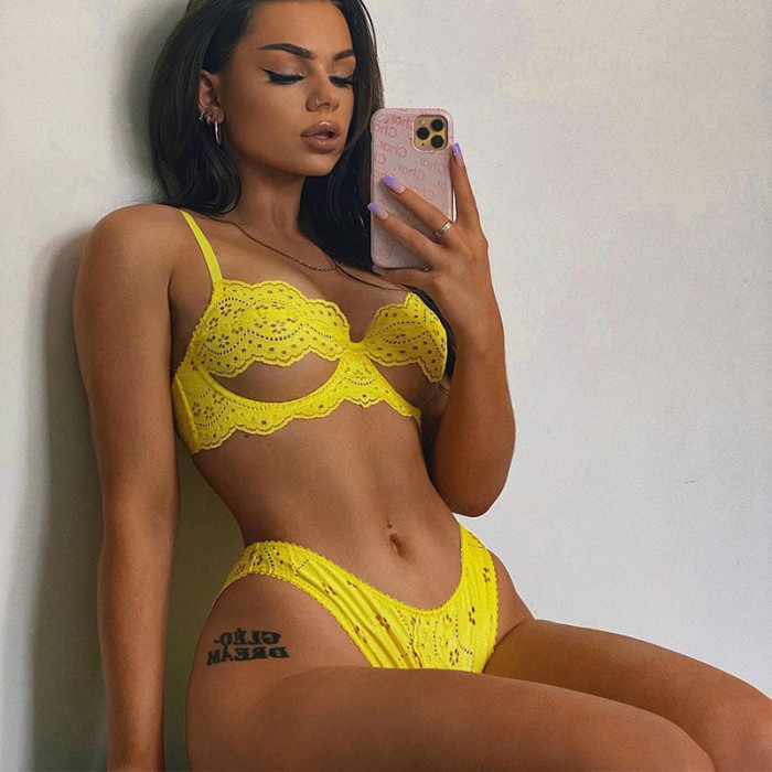 Yellow Symmetrical Cut Lace Bra Wire Free Lingerie Sets Suppliers