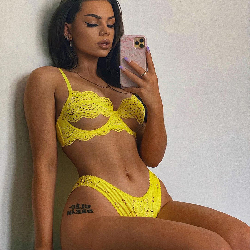 Yellow Symmetrical Cut Lace Bra Wire Free Lingerie Sets Suppliers