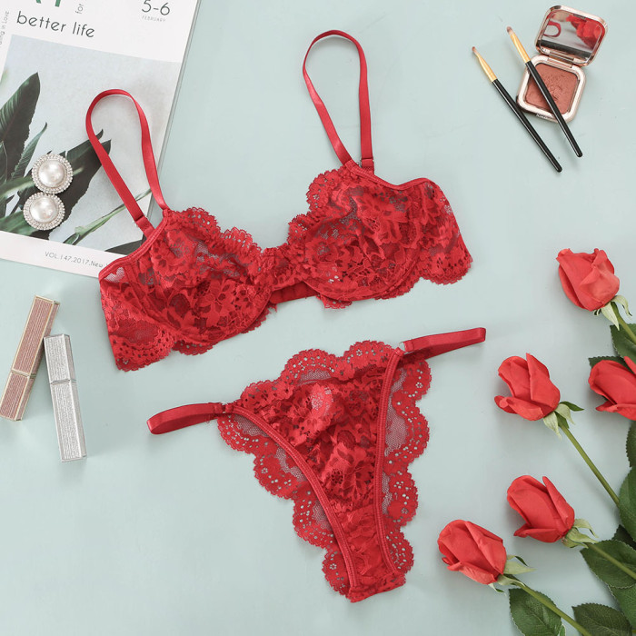 Girls Translucent Lace Push Bra Lingerie Set Embroidered Thong