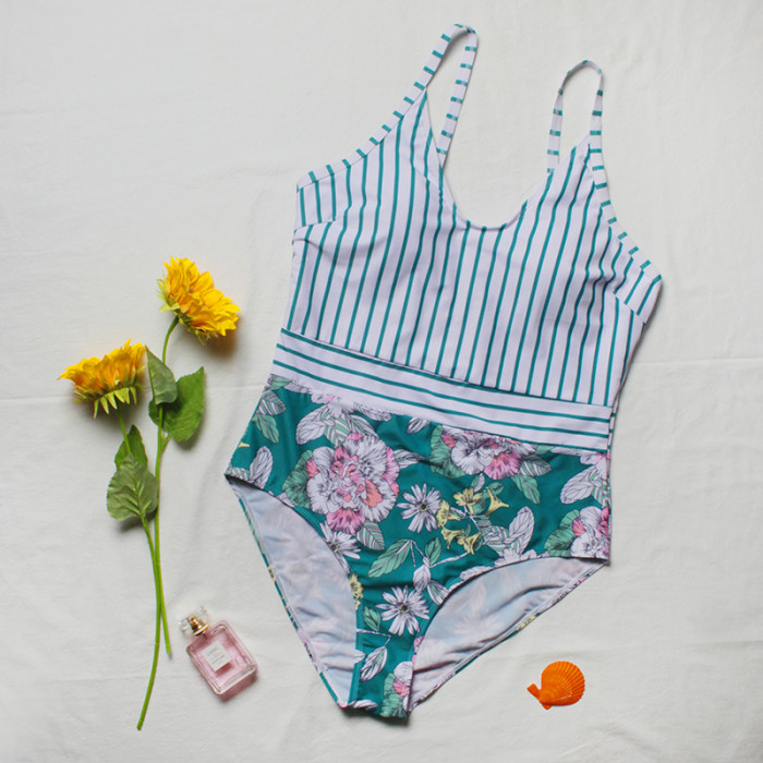 Big Women Striped Flowers Printed Swimsuits One Piece Queen Size