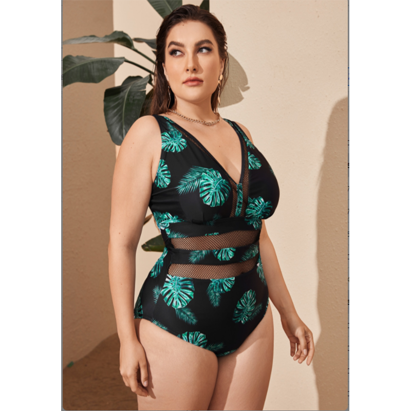 Mesh Splicing Plus Size Swimwear One Piece Leaf Printed and Solid