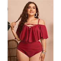 Summer Girls Plus Size Red  High Waisted Bikini Ruffle Adjust Straps