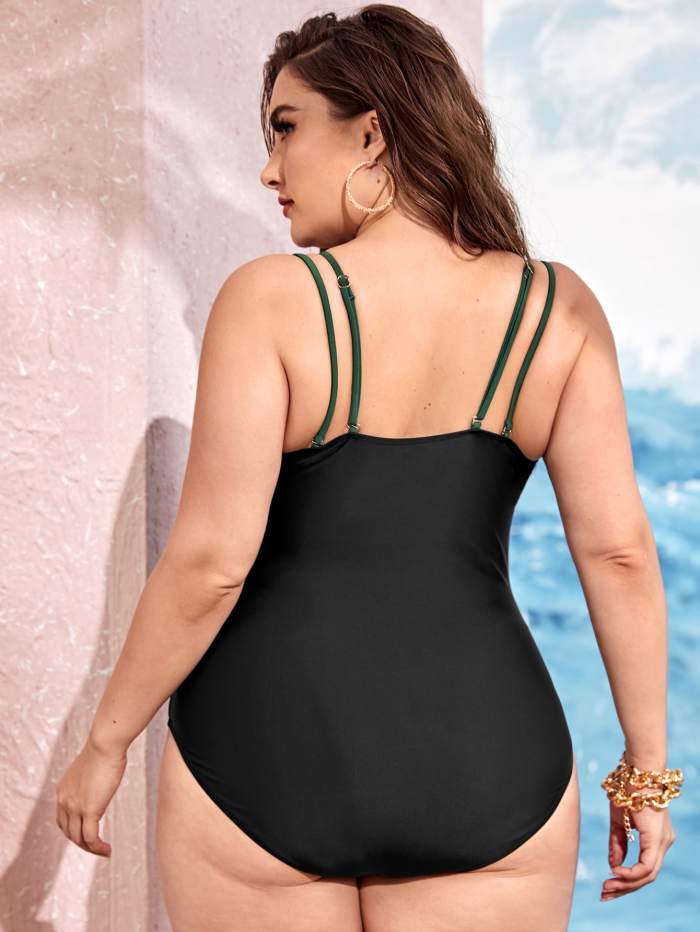 Ladies Double Shoulder Straps One Piece Bathing Suit Plus Size Belt Decor