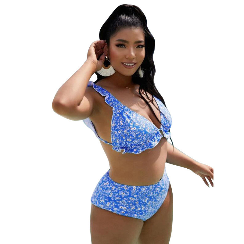 Wholesale Blue Floral Print Bikini Ruffle Straps Oversize for Big Women