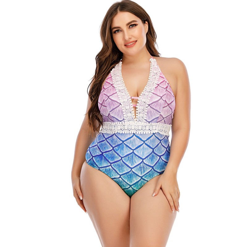 Mermaid Scale Print Gradient One-Piece Swimsuit Lace Halter Backless