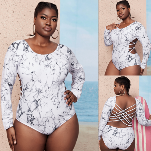 Ladies Long Sleeve Bathing Suit One Piece Back Cross Strappy Plus Size