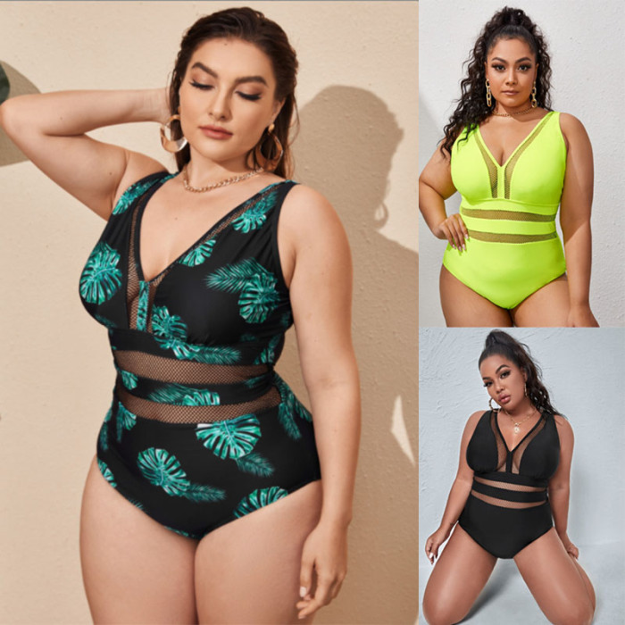 Mesh Splicing Plus Size Swimwear One Piece Leaf Printed and Solid