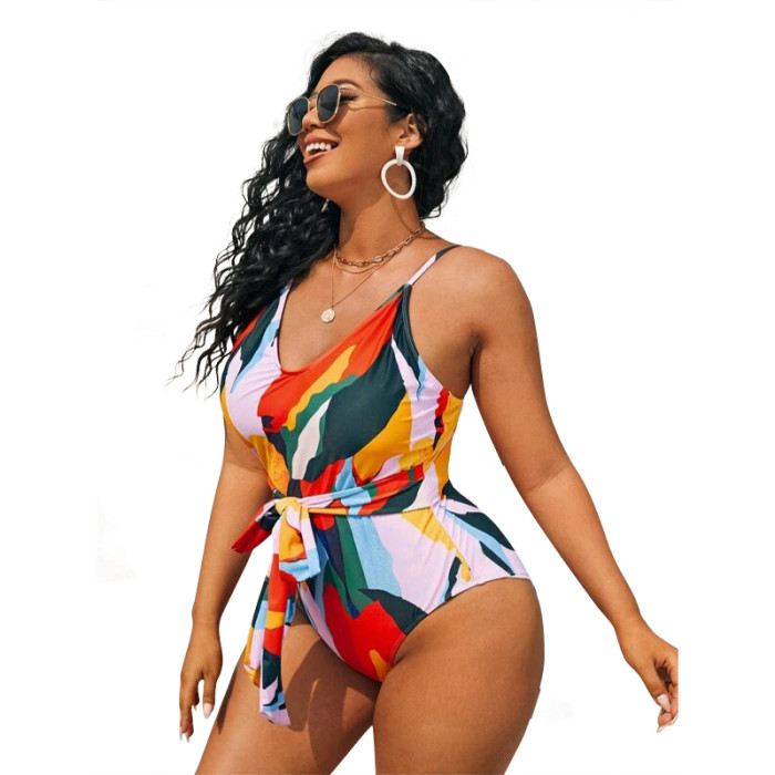 Wholesale Plus Size Ladies One Piece Swimsuit Colorful Sashes High Cut Leg