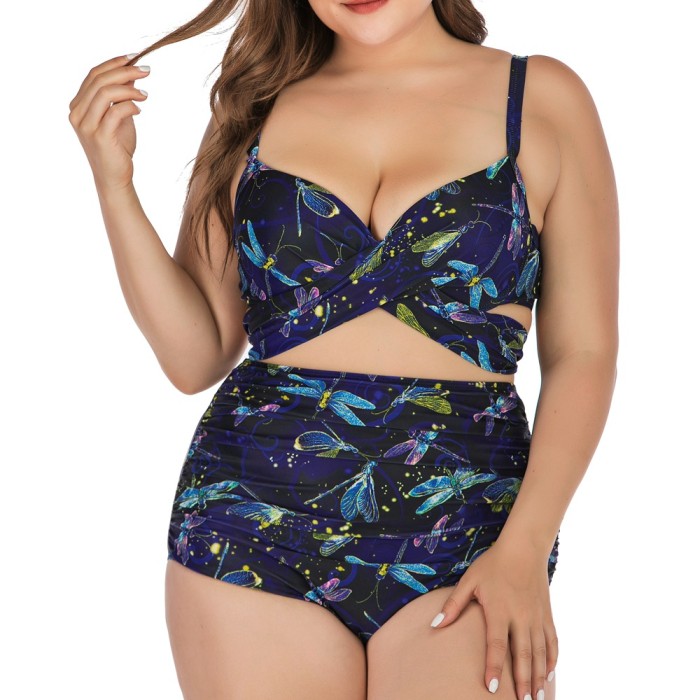 Great Elastic Large Size High Waisted Bikini Print Cross Front Women