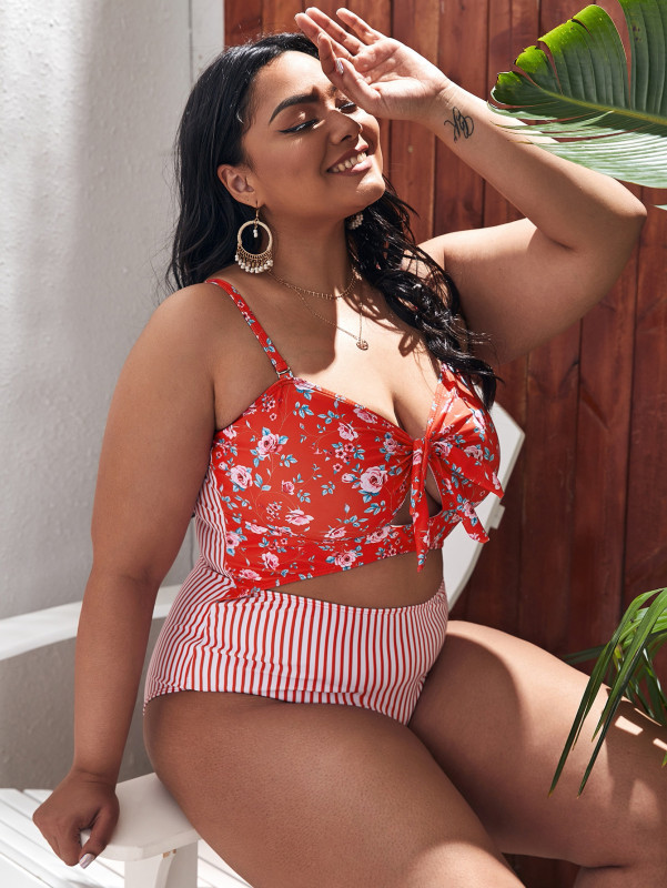 Best Summer Striped Beachwear One Piece for Fat Women Floral Plus