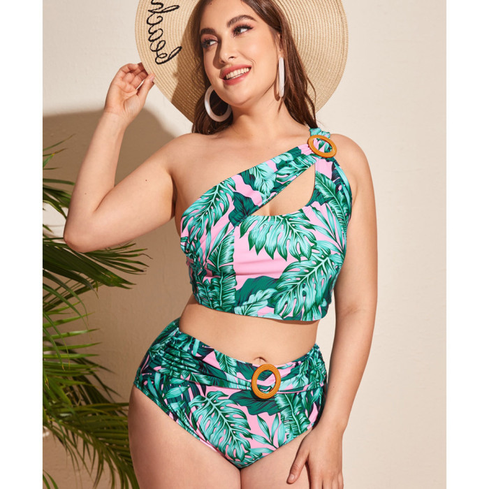 Big Women Beachwear Print Plus Size One Shoulder Bikini Cut Out Ring