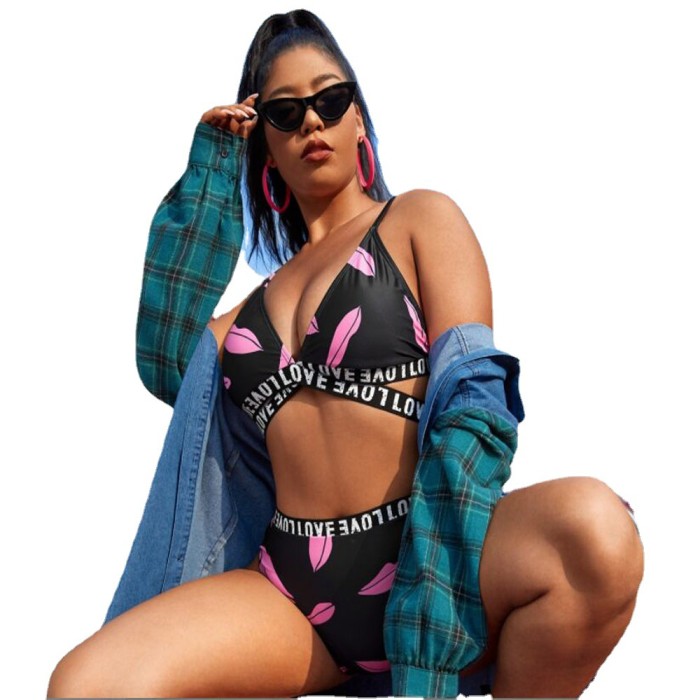 Best Price Large Lips Print Letter Bikini High Cut Leg Adjust Straps Women