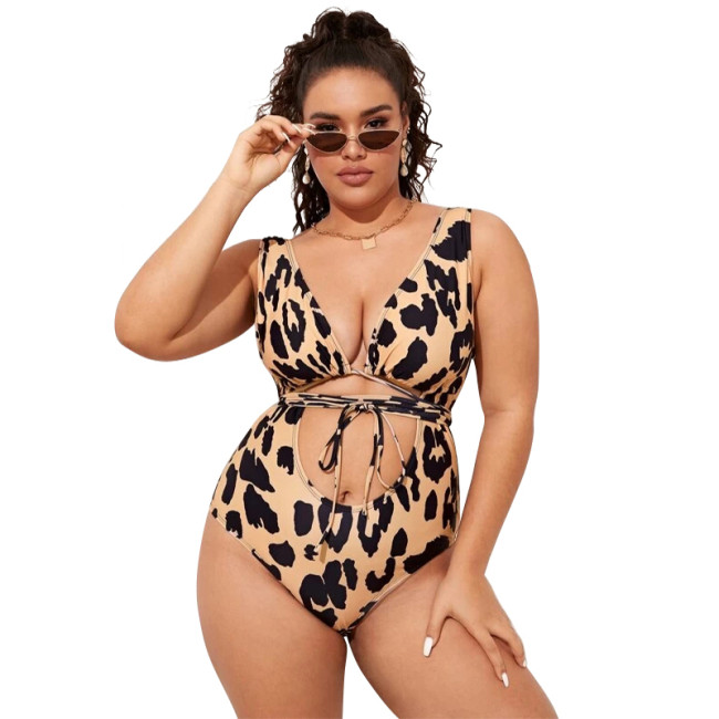 Women Leopard Beachwear One-Piece Hollow Out Lace Up Waist Plunge