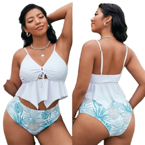 White Plus Size Flounces Swimsuit Top and Print Bikini Bottom Women
