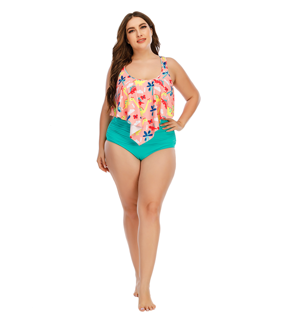 Bulk Wholesale Flounces Animal Print Swim Top Green Bikini Bottom Big Size