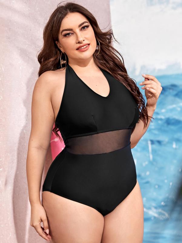 Wholesale Black Solid Mesh Splicing Large Women's Swimsuit One Piece