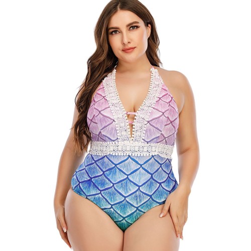 Mermaid Scale Print Gradient One-Piece Swimsuit Lace Halter Backless