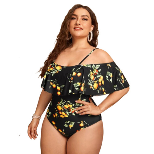 Queen Size Ladies Fruit Printed One Piece Bathing Suit Ruffle Tummy Control