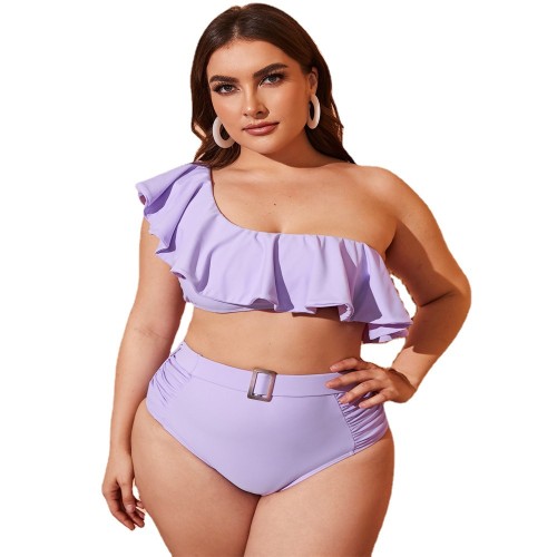 Newest Purple One Shoulder Ruffle Bikini Set Plus Size High Rise Bottoms