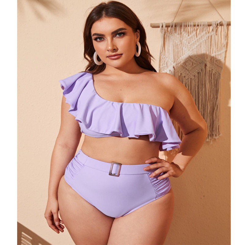 Newest Purple One Shoulder Ruffle Bikini Set Plus Size High Rise Bottoms