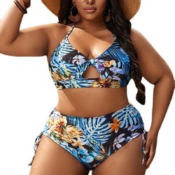 Summer New Plus Size Two Piece Swimsuit Print Halter Bow Drawstring