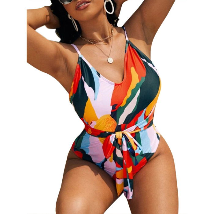 Wholesale Plus Size Ladies One Piece Swimsuit Colorful Sashes High Cut Leg