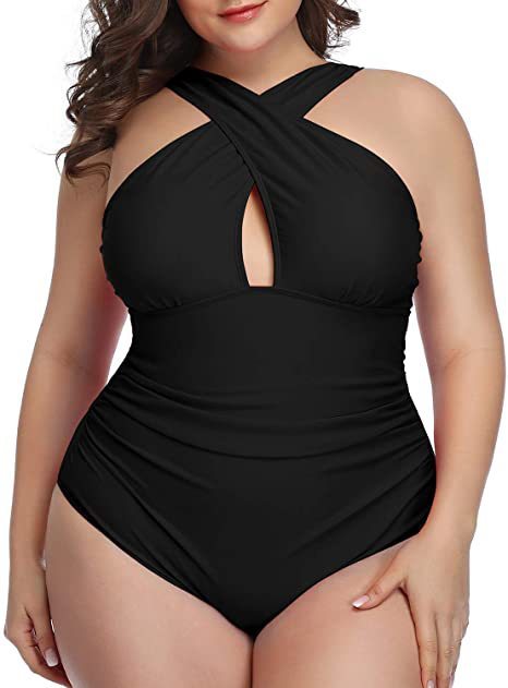 Recycled Nylon Leopard Black One-Piece Swimsuit Keyhole Plus Size