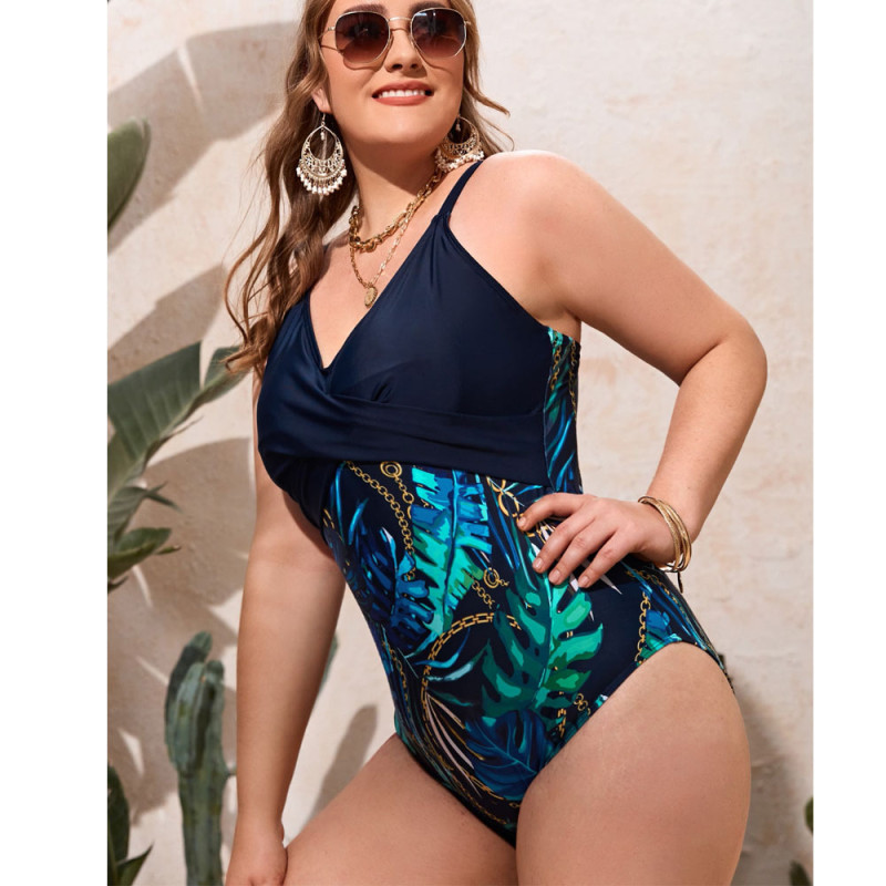 Eco Friendly Print One-Piece Bathing Suit Plus Size Deep V Neck Belly Control