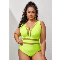 Mesh Splicing Plus Size Swimwear One Piece Leaf Printed and Solid