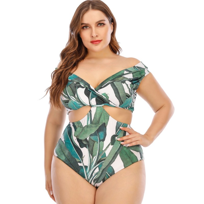 Green Print Hollow Out Large Size One Piece Bathing Suit Belly Control