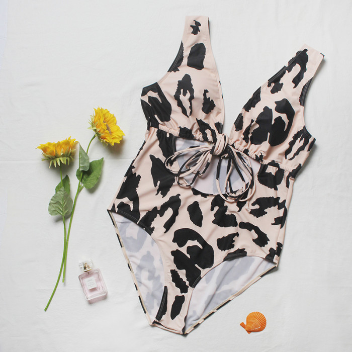 Women Leopard Beachwear One-Piece Hollow Out Lace Up Waist Plunge