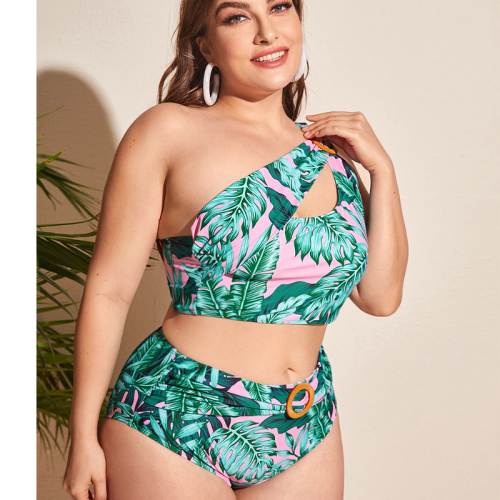 Big Women Beachwear Print Plus Size One Shoulder Bikini Cut Out Ring