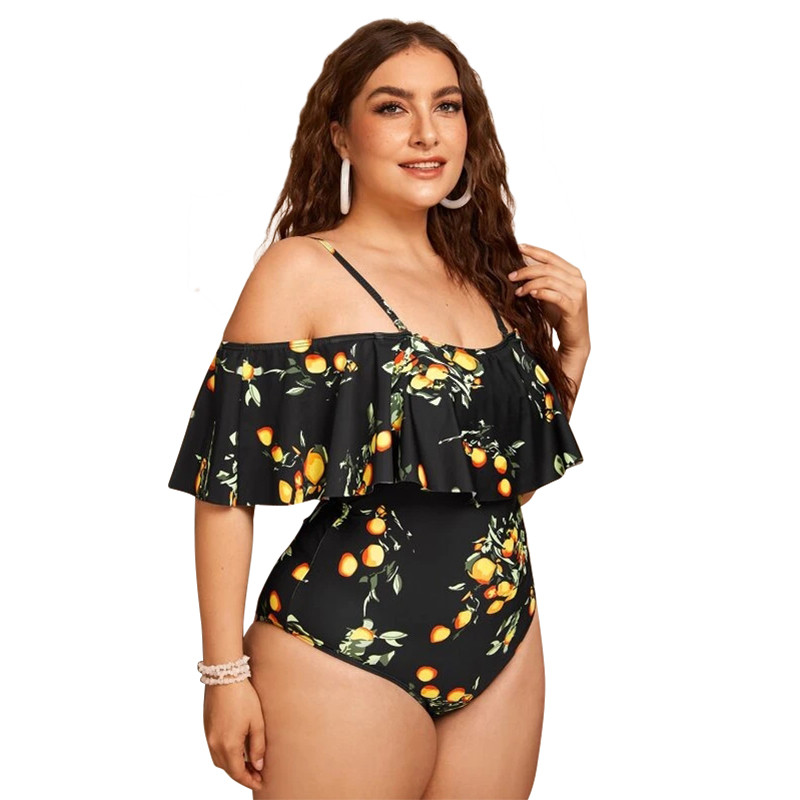 Queen Size Ladies Fruit Printed One Piece Bathing Suit Ruffle Tummy Control