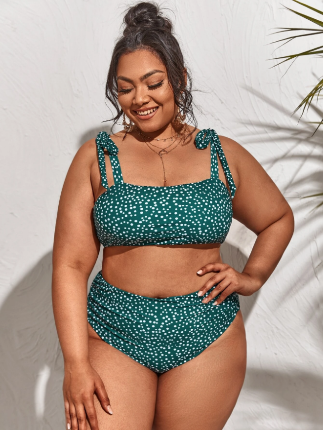 Vintage Plus Size Women Dot Green Bikini Lace Up Straps High Waist