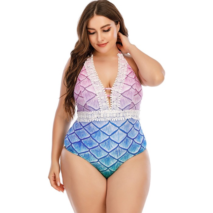 Mermaid Scale Print Gradient One-Piece Swimsuit Lace Halter Backless