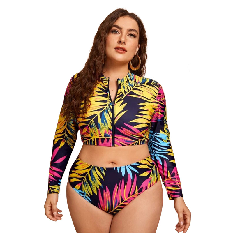 Plus Size Surfing Suit Long Sleeve Swim Top Tropical Print Zip Swimwear